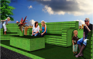 A render of a parklet featuring green false turf chairs