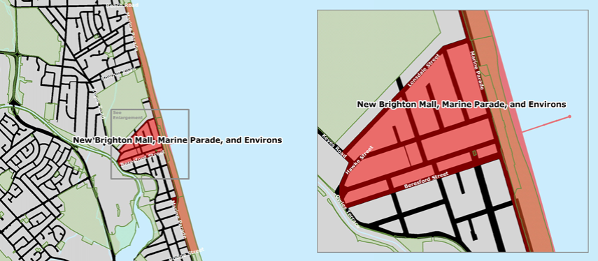 New Brighton Mall, Marine Parade and Environs alcohol ban area map