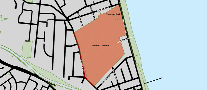 Rawhiti Domain and Thomson Park alcohol ban area map