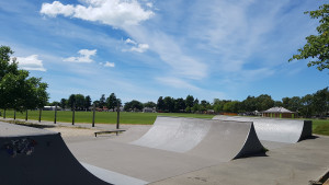 Intermediate level back to back mini ramps and spine at St Albans skate park.