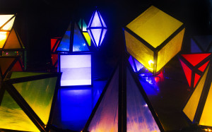 Colourful box lanterns on the floor of a vacant shop