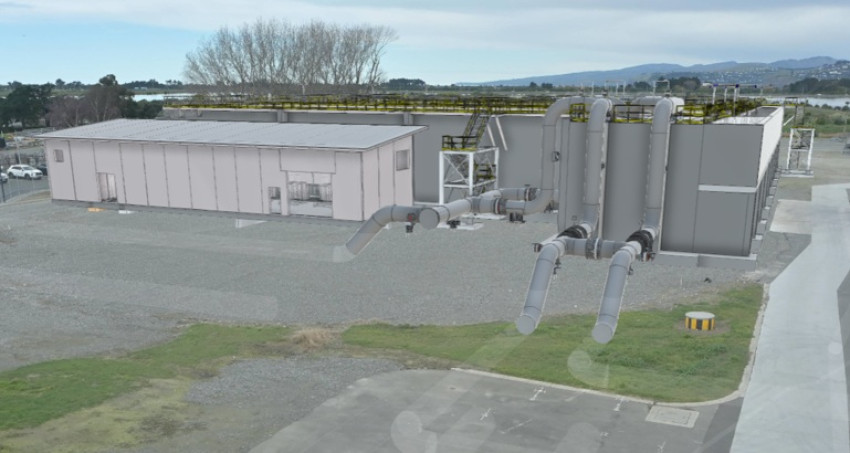 3D rendering of an industrial plant with large buildings and interconnected grey pipes on a gravel site.